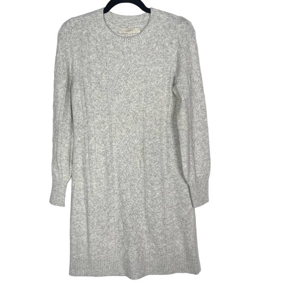 New LOFT XSmall XS Light Gray Cable Sweater Dress Long Blouson Sleeve Wool Blend - Picture 1 of 9